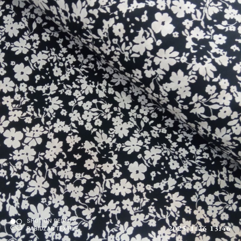 KAIN KATUN RAYON PREMIUM GARMENT MOTIF BUNGA HITAM PUTIH