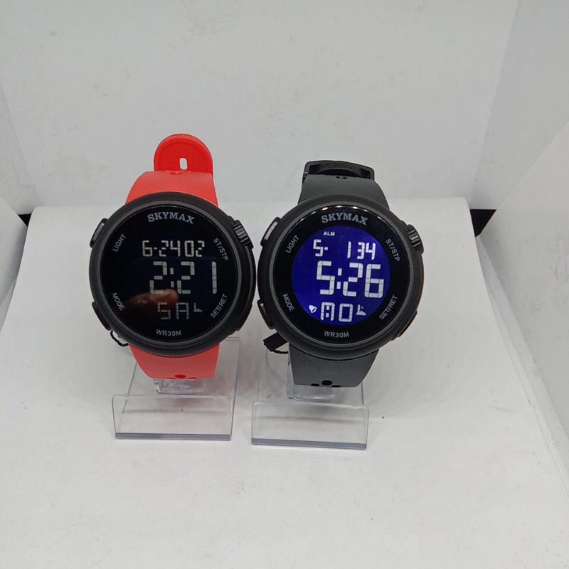 Jam Tangan Skymax Bulat Digital tali karet warna Hitam/Merah Pemakaian Wanita/Laki" (Original)