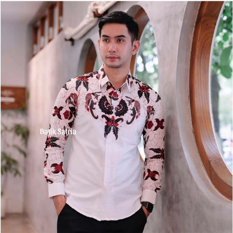 RAJATA - KEMEJA BATIK PRIA SLIMFIT WARNA PUTIH MERAH MENYALA LENGAN PANJANG BAJU BATIK PRIA KONDANGA