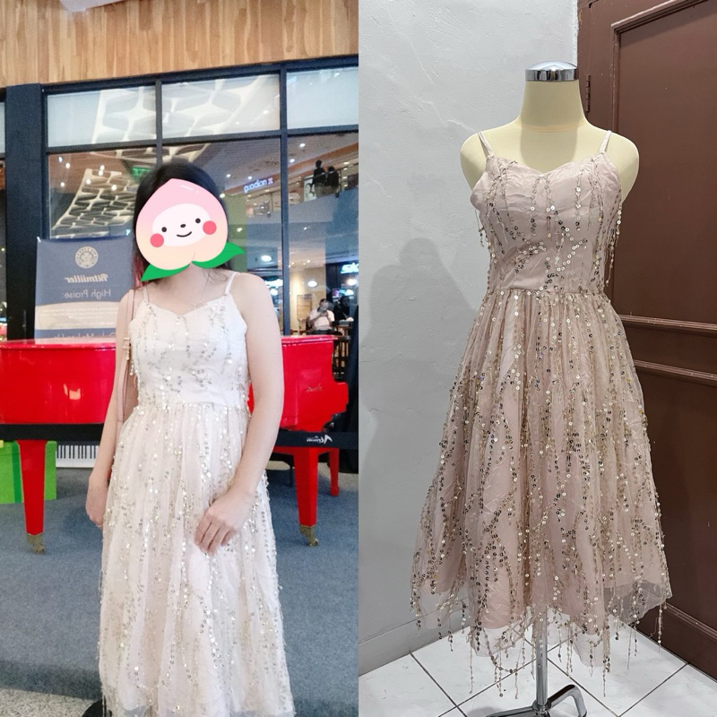 SALE Midi Dress Pesta Rose Gold Sequin Mewah Cantik Preloved