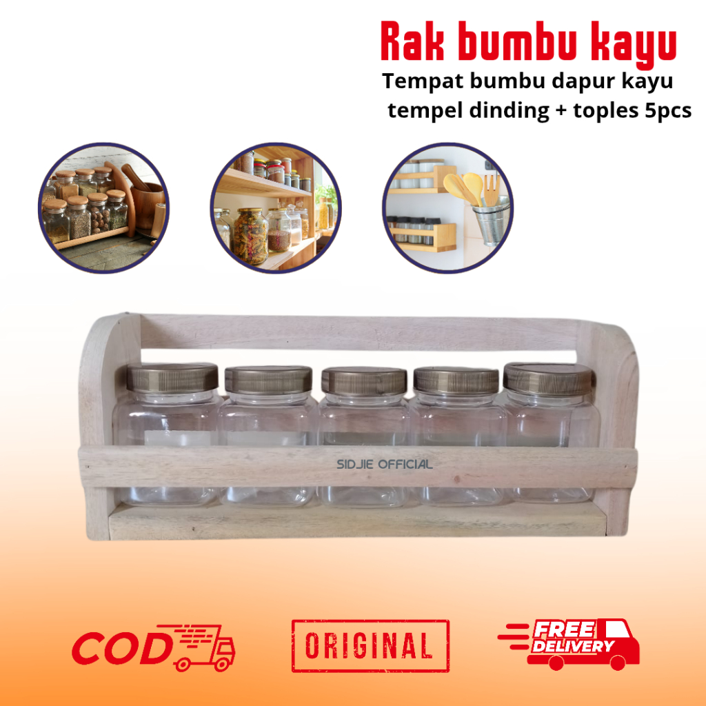 SIDJIE Rak Bumbu Kayu Tempat Dinding + Toples 5pcs / Rak dinding kayu serbaguna