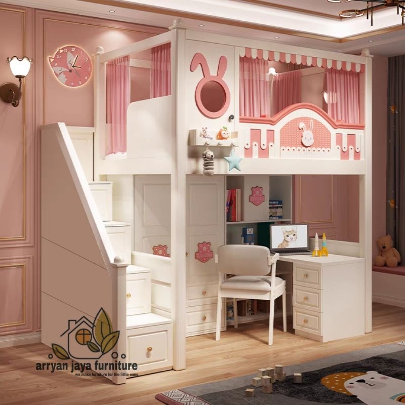 tempat tidur tingkat anak set, ranjang tingkat set meja belajar dan lemari