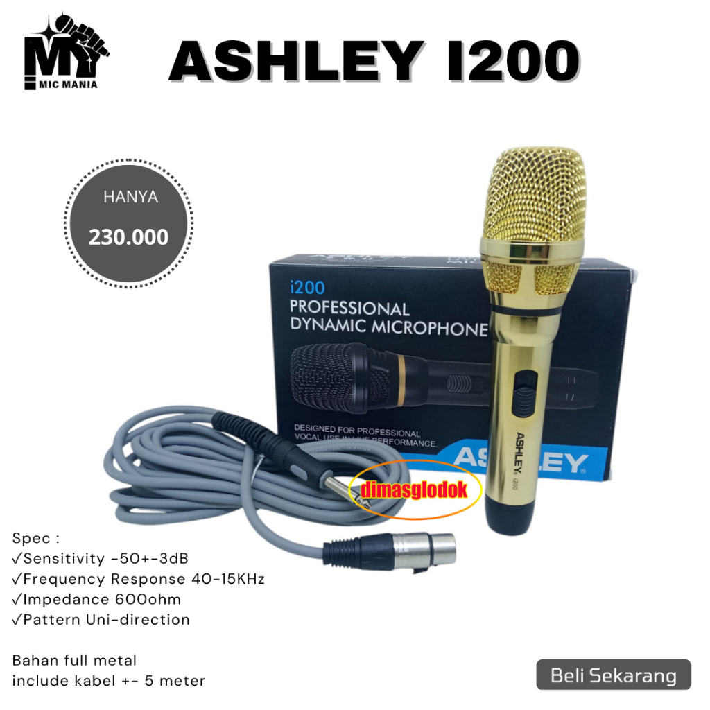 Microphone ASHLEY i-200 Mik kabel Mic Cable ASHLEY i200 Professional Mikrofon Vokal Merek ASHLEY Mic