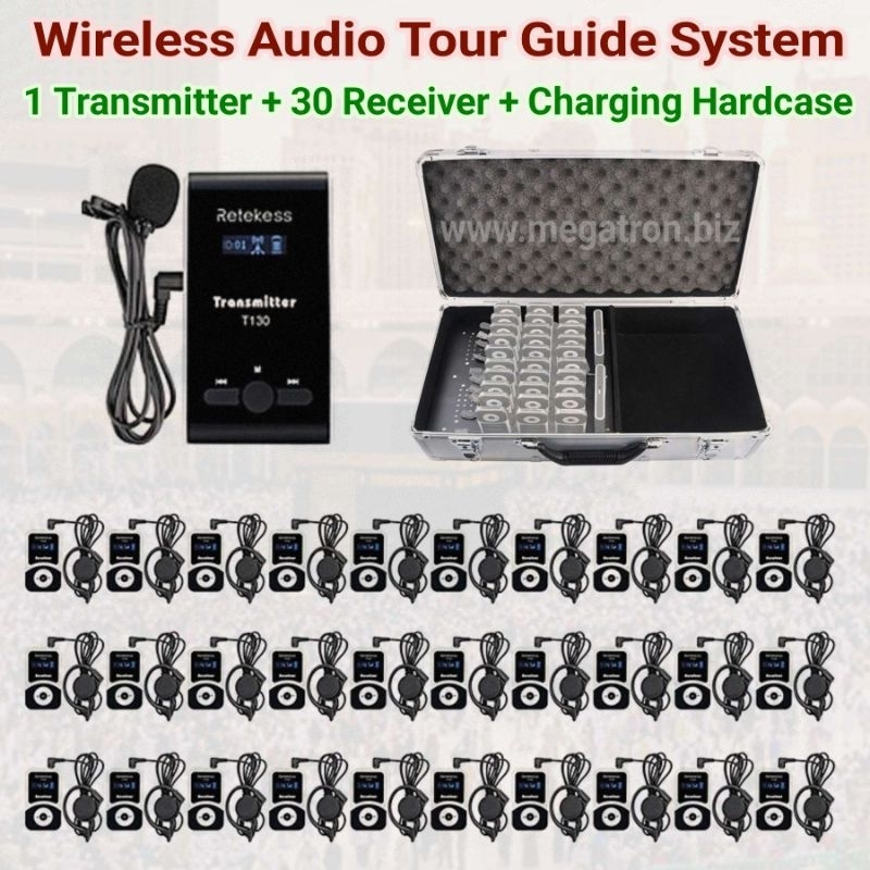 Paket Wireless Audio Tour Guide System (1 Transmitter + 30 Receiver + Koper Charging) - cocok untuk Travel Umroh / Haji