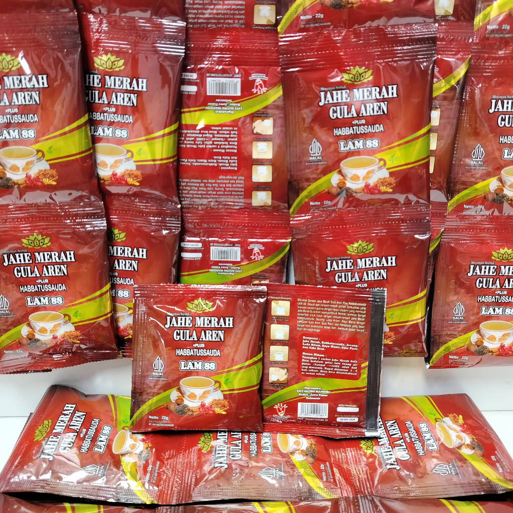 

ttt JAHE MERAH GULA AREN INSTAN PLUS HABBATUSSAUDA - 1 RENCENG (12 SACHET)
