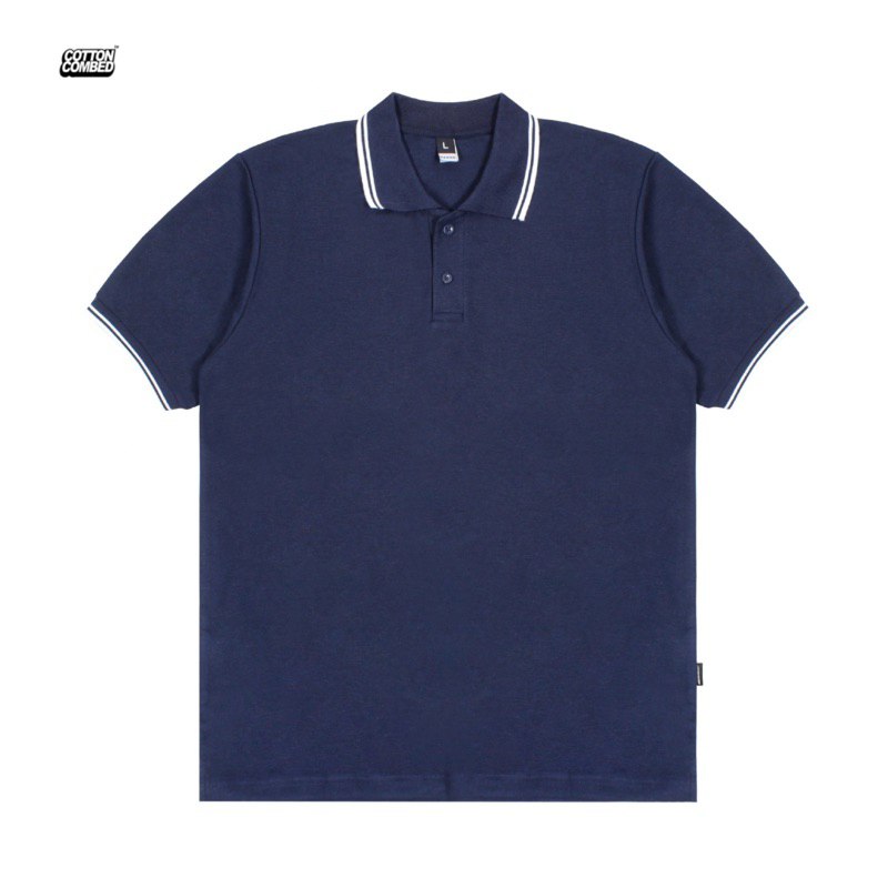 Cottoncombed | Polo Shirt | Polo Shirt Navy Strip Putih| Polo Shirt Premium | Biru
