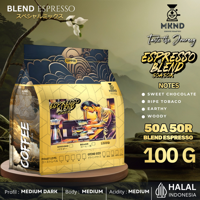 

[BLEND] ESPRESSO KOPI 100% BIJI KOPI SUSU ESPRESSO BIJI ROBUSTA 50% ARABIKA 50% 100 GRAM MKND COFFEE