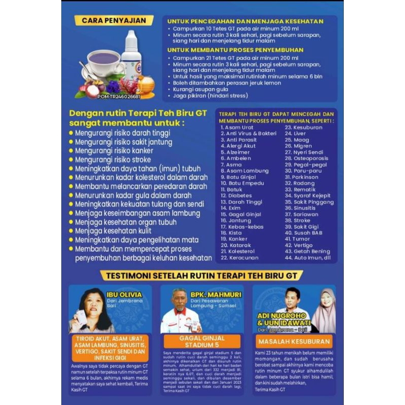 

Promo Murah, 10 btl Garudaqu Tea Bunga Telang GT, Untuk atasi Hipertensi, Jantung, Kolesterol, Diabetes, Luka Basah, Kista Miom