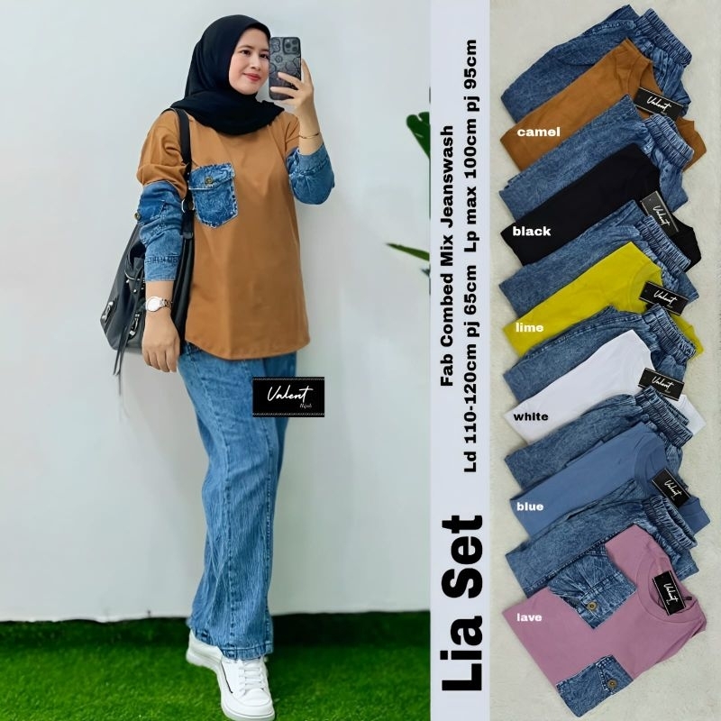 Valent Lia Setelan Celana Wanita Bahan Combed Mix Jeans Wash
