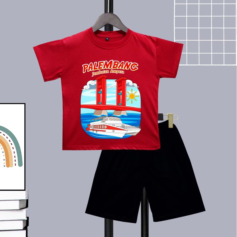 KAOS SETELAN OBLONG ANAK ANAK MOTIF JEMBATAN AMPERA PALEMBANG SABLON DFT