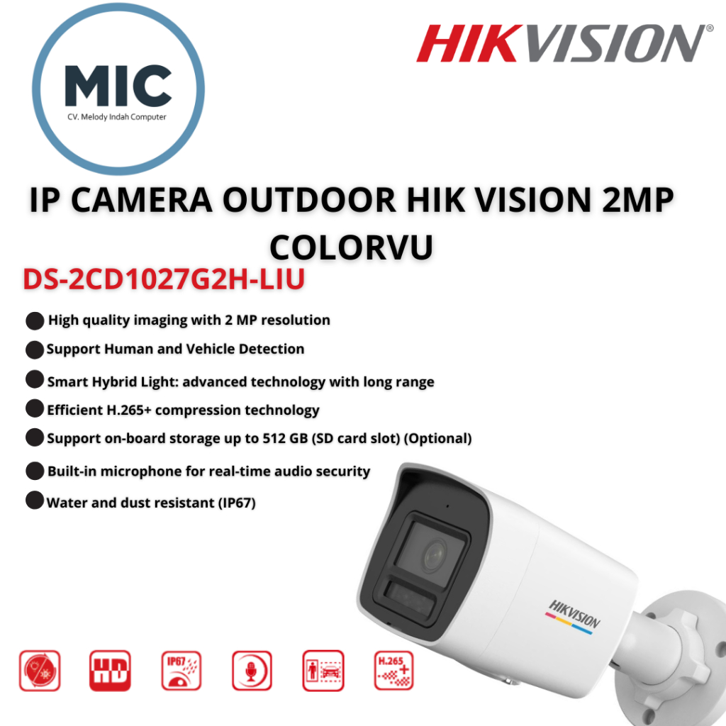 IP Camera Outdoor HikVision 2MP Colorvu DS-2CD1027G2H-LIU