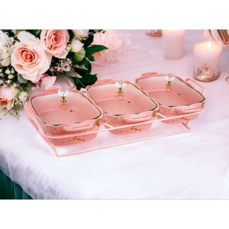 VICENZA Prasmanan  BM915 Wadah Saji dengan Rak Marmer dan Tutup Kaca Bening