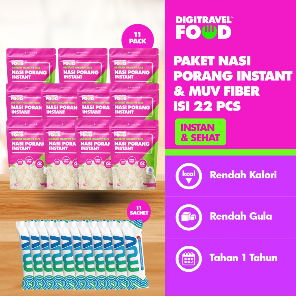 

Promo Pack Nasi Porang Beras Porang Instan 11 Pack | Promo Pack MUV Fiber Minuman Tinggi Serat 11 Sachet | DIGITRAVEL Nasi Porang Beras Porang Instan 40gr