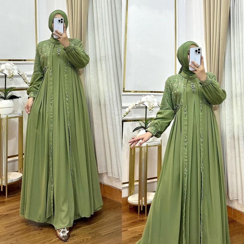 Oke Gamis Lanara Dress Ceruty Babydoll Full Puring  Gamis Dewasa Payet  Dress 2 layer Tangan Kancing