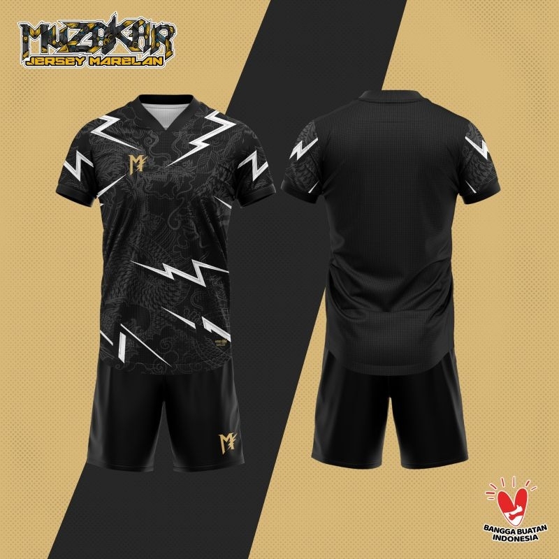 MUZAKAR Baju Futsal Setelan Stelan Jersey Premium Dragon Black Hitam Petir,  Bisa Sablon