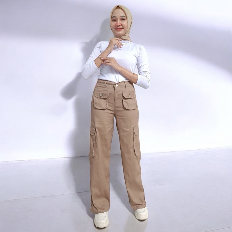 HABISIN STOK Celana Cargo Panjang Wanita Highwaist - Cargo Denim Pasir Putih Krem Cargo LULU