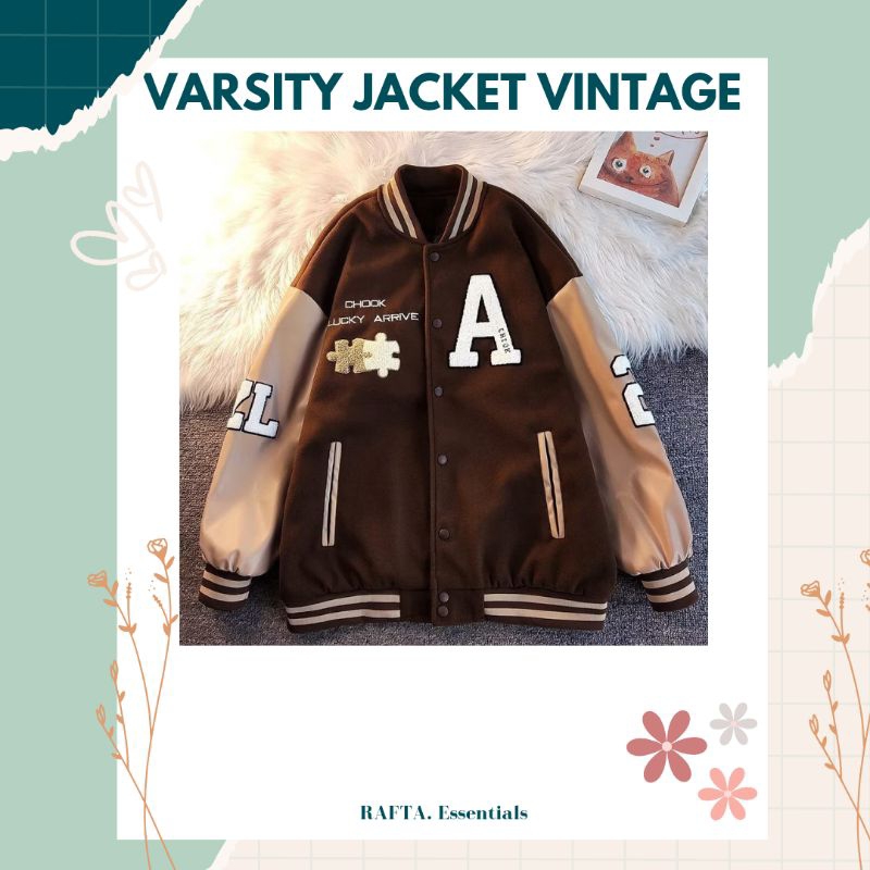 RAFTA Essentials | Varsity Jacket Vintage Coklat Cream Patchwork Unisex | Premium Outerwear | Oversi