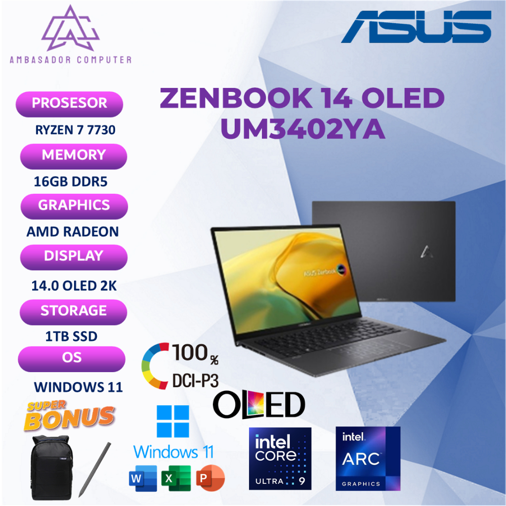 Asus Zenbook 14 OLED UM3402YA TOUCH RYZEN 7 7730 16GB 1TB Windows 11 14.0 2.8K Display