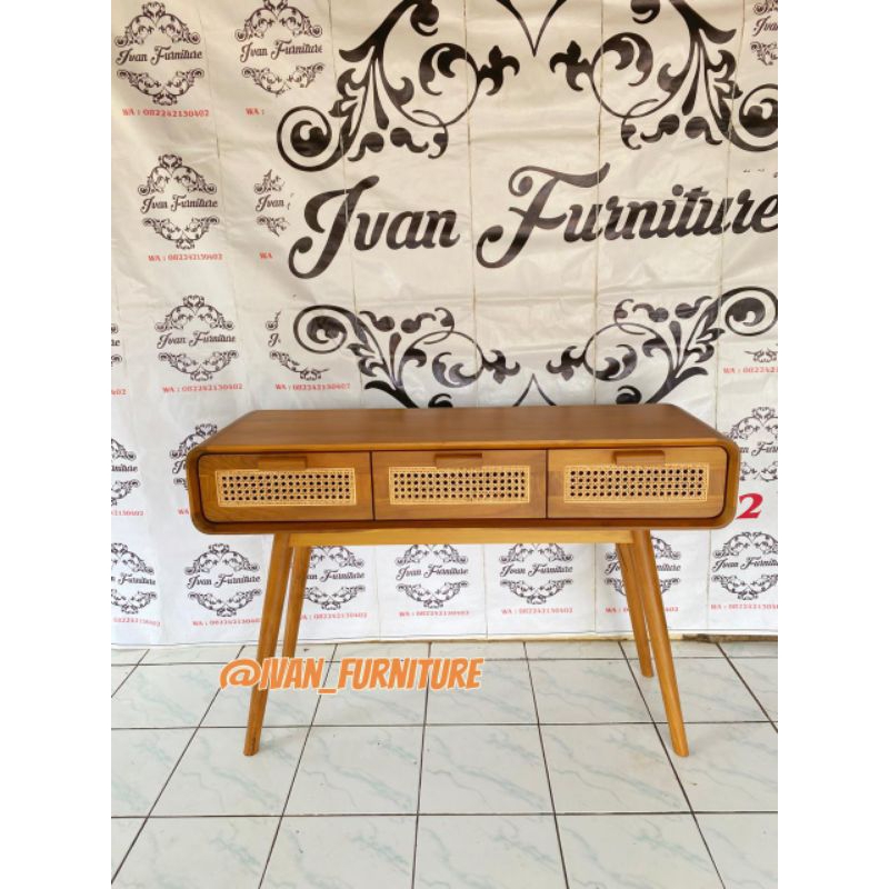 Meja Konsul retro laci 3 kayu jati Meja kayu jati console rotan 3 laci penyimpanan