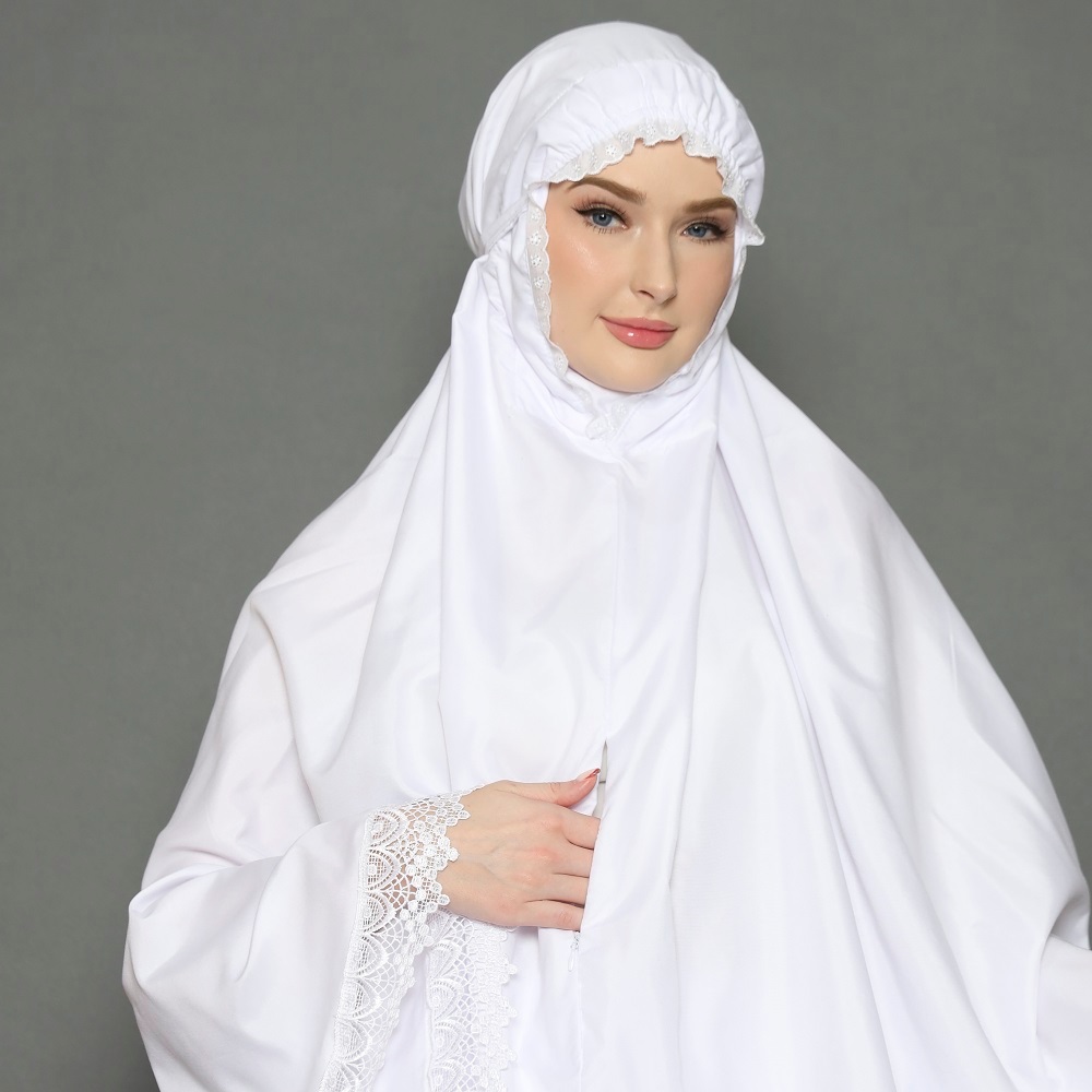 Bergo Umroh Haji Bahan Katun Premium Hijab Jumbo Bersaku Renda Mewah Anti Copet