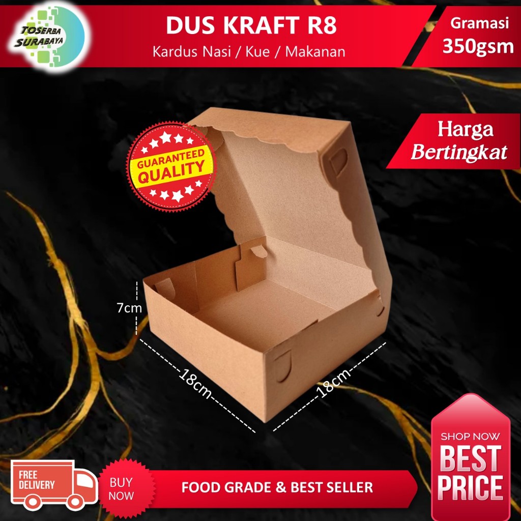 DUS KRAFT R8 350gsm (18x18x7cm) - Dus Coklat Untuk Nasi & Kue - Tersedia Harga GROSIR