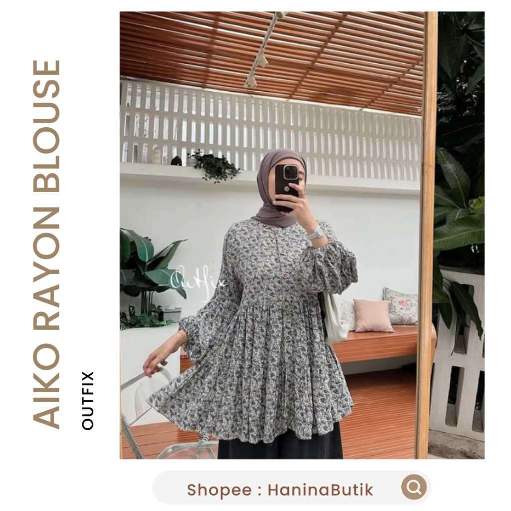 AIKO RAYON BLOUSE ROYAL BLUE by OUTFIX | BLOUSE KATUN RAYON MOTIF BUNGA OUTFIX