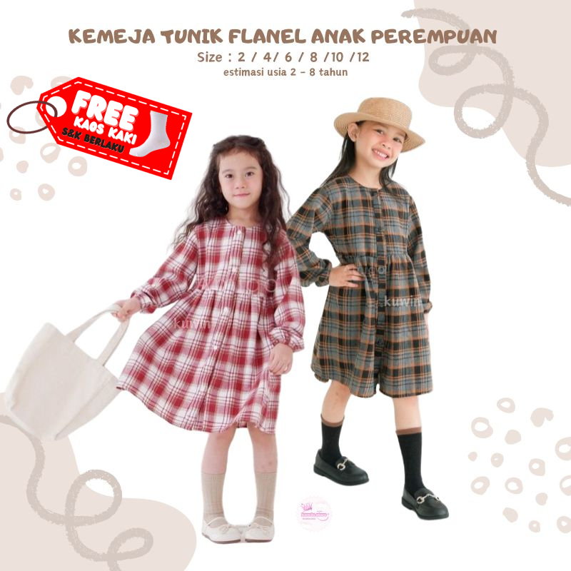 Tunik Anak Perempuan | Kemeja Tunik Anak Perempuan Kotak-Kotak Bahan Flanel Estimasi 2-8 Tahun