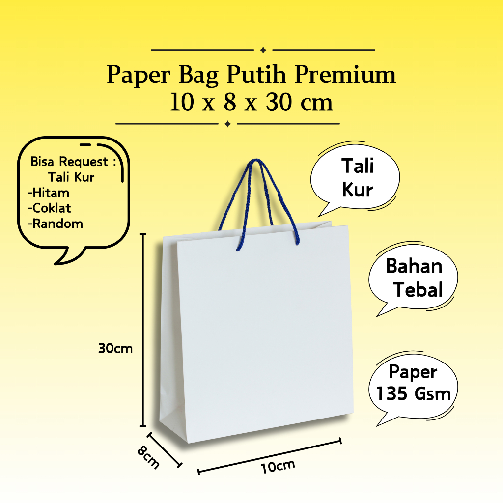 

10 x 8 x 30 cm - Paper Bag Kertas Putih Premium Tebal / Tas Kado Souvenir Pernikahan Wedding