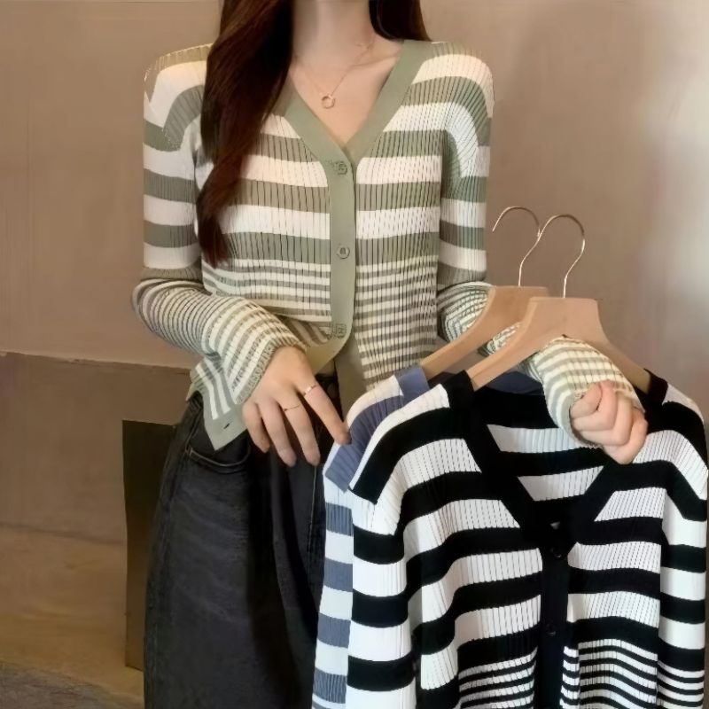 Belly Cardigan Wanita Rajut Stripe Lengan Panjang Cardigan Wanita Style Korean Sweater Cardigan Knit