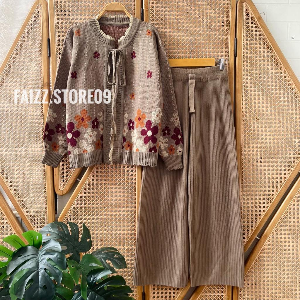 Oneset Rissda Cardigan Rajut Motif Tali Pita Bunga Setelan Celana Kulot Premium Wanita Lengan Panjan