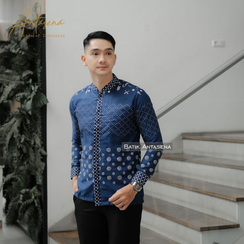 Kemeja Batik Pria Omar Navy Panjang Kerah Shanghai Batik Koko Baju Batik Pria Batik Lengan Panjang B