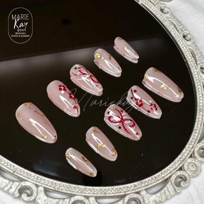 (READY) Claire Nails Pita Merah Red Pink Blossom blush festive Gold Leaf Putih Merah bunga flower go