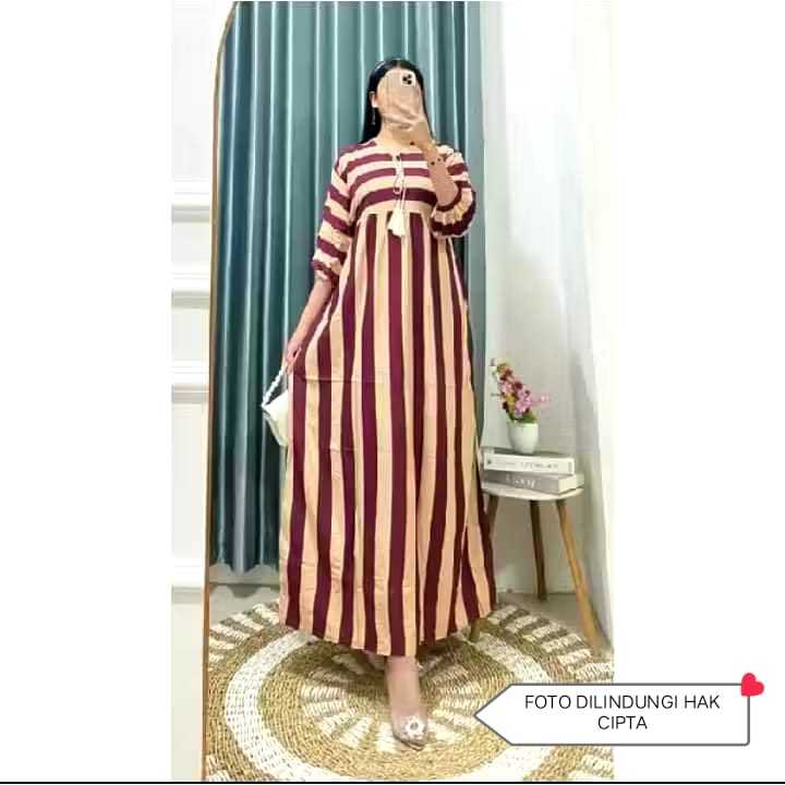 Gamis Zara Salur Jumbo LD 120cm Dress Panjang Wanita KANCING DEPAN BUSUI Garis-Garis Lengan Panjang