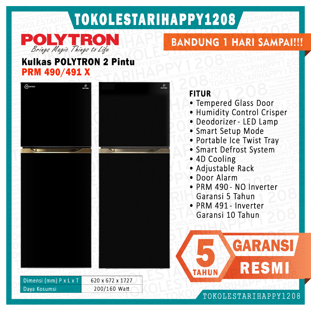 Kulkas POLYTRON New Belleza Jumbo 2 pintu PRM 490 / 491 X Garansi Resmi Murah