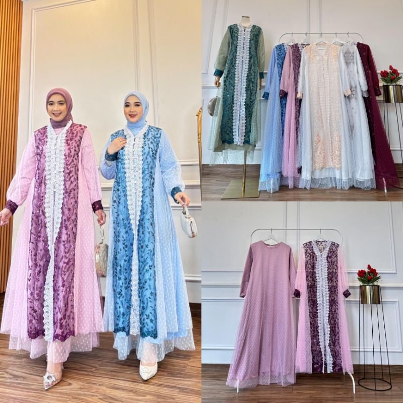 Soraya Satu set Outer Dan Dress Outer Bahan Tile Brukat Dress Silk Velvet Lapis Tile Dot