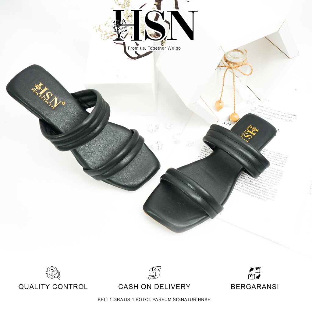 HSN Sandal AGNESIA Flat Wanita - Warna Hitam | Beli 1 Gratis 1 Parfume