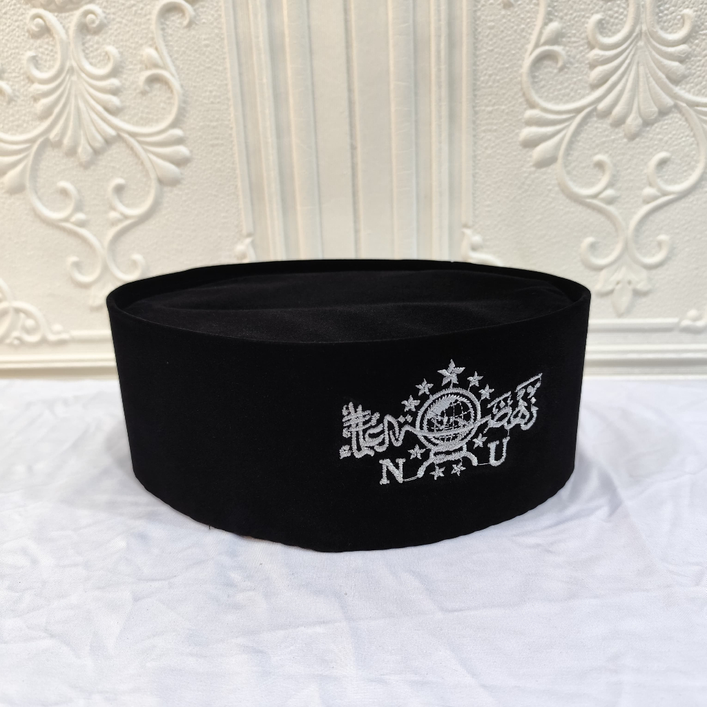Peci Songkok Kopiah Hitam Polos Motif NU SILVER BORDIR Tinggi 9Cm Bahan Beludru Murah Nyaman - Peci 