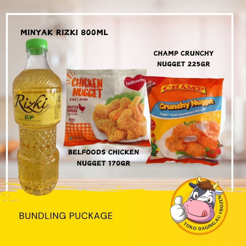 

Paket Bundling Minyak RIZKI 800ML, Champ crunchy nugget 225gr,Belfoods Chicken Nugget 170gr