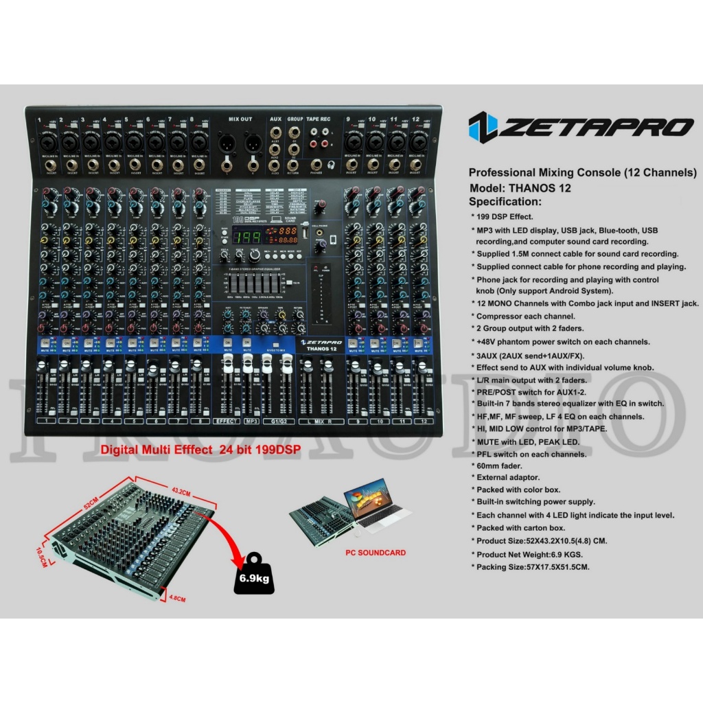 MIXER ZETAPRO THANOS 12 ORIGINAL / Mixer 12 Channel Thanos12 Effect Reveb 199 Dsp Edit A, Edit B Ori