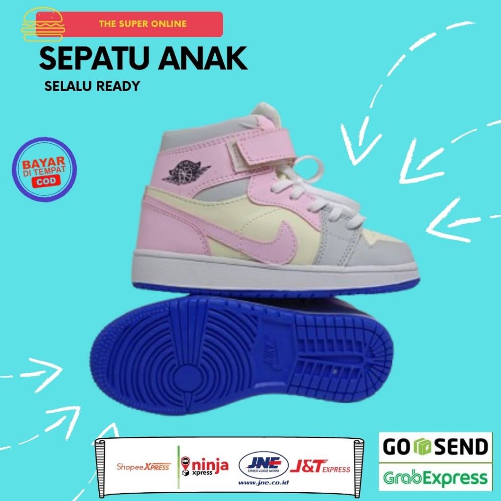 Sepatu Anak Perempuan Santai Merek Air Jordan Warna Pink Kombinasi Putih Abu Umur 1 2 3 4 5 6 7 8 9 