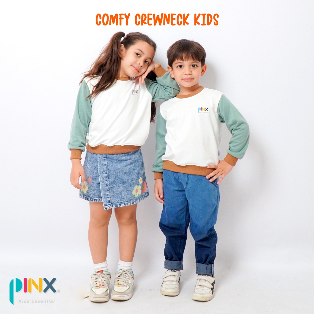 SALE PinxKids - Sweater Crewneck Anak Unisex Comfy usia 1 - 10 tahun Twotone matcha Mocca