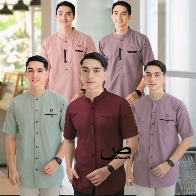 SHOUDH BAJU KOKO KURTA DEWASA LENGAN PENDEK POLOS TERBARU RAMADHAN LEBARAN TAHUN INI WARNA BURGUNDI 
