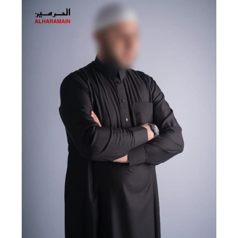 Jubah Al Haramain Premium Series Hitam Putih Lengan Manset Bahan Katun Zanzibar