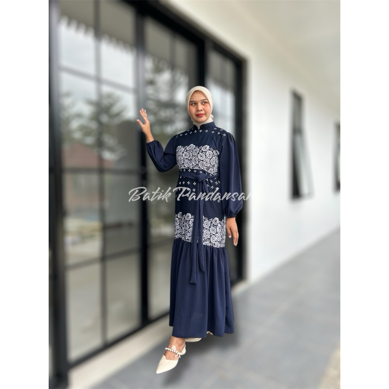 Fatimah dress Batik Bunga Navy Bahan Katun Kombinasi Cringkle