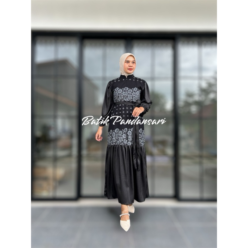 Fatimah Dress Batik Bunga Hitam Bahan Katun Kombinasi Rayon Twill