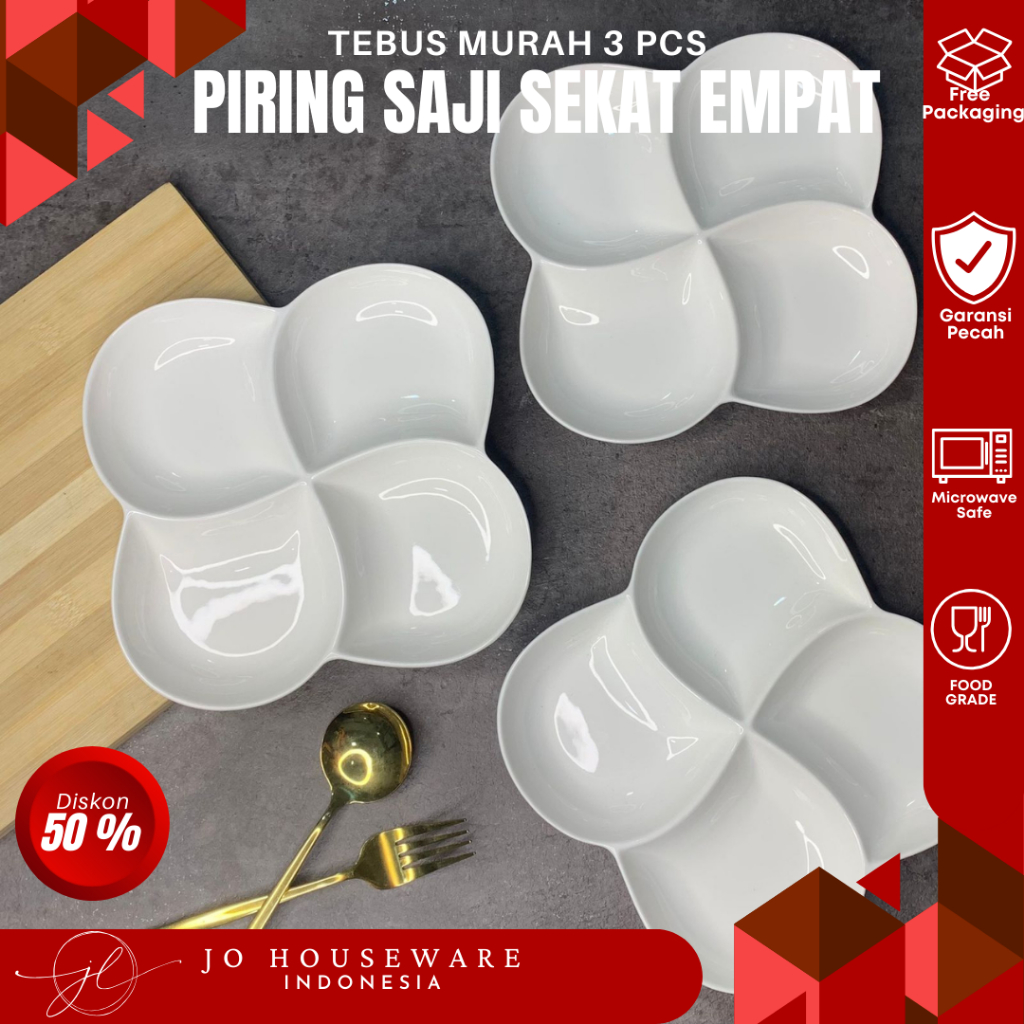 Piring saji sekat 4 keramik premium putih polos ukuran 19,5 x19,5cm piring super unik four in one ho