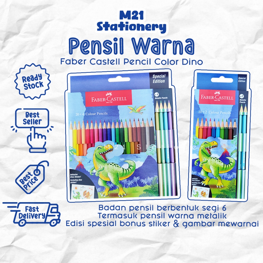 

PENSIL WARNA FABER CASTELL DINO / faber castel edisi spesial dinosaurus pencil warna kayu 12 24 warna color colour untuk anak pewarna kelir set alat tulis lomba mewarnai menggambar atk murah / m21 stationery jogja