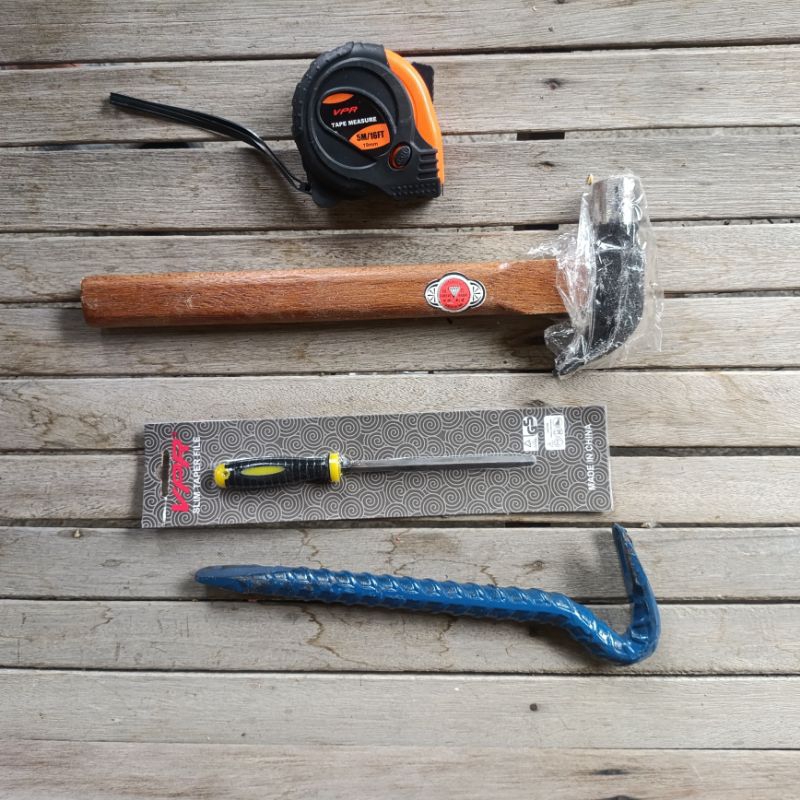 Paket Hemat 4 pcs Palu Linggis Meteran Kikir Gergaji - Promo Alat Pertukangan - Promo set Alat Tukan
