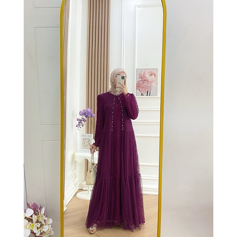[ORI] Mahesa Dress Burgundy Wine Ld 104 Brukat Pita/Gamis Pesta Kondangan Muslimah Lebaran Lamaran M