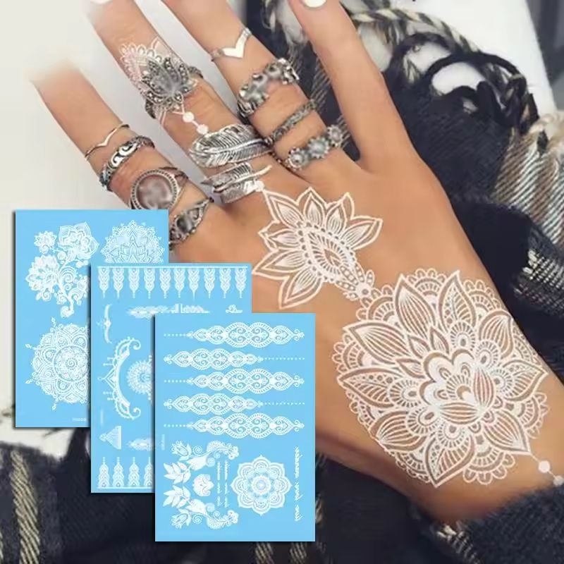 HOLO_COS [COD] Stiker Tato 1 Lembar Henna Tempel Warna Putih acara pengantin tato hena instant Water